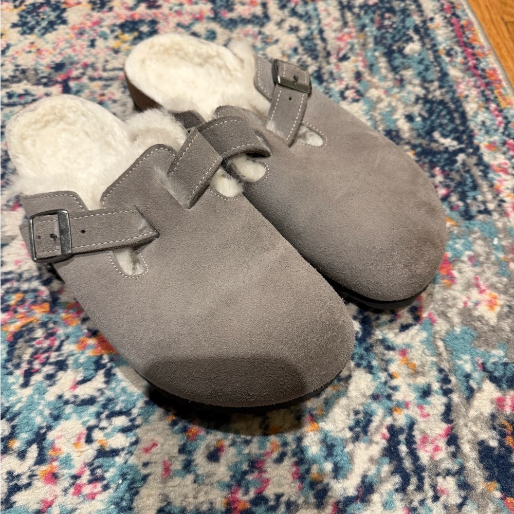 Birkenstock Gray Suede Mules with Shearling Lining